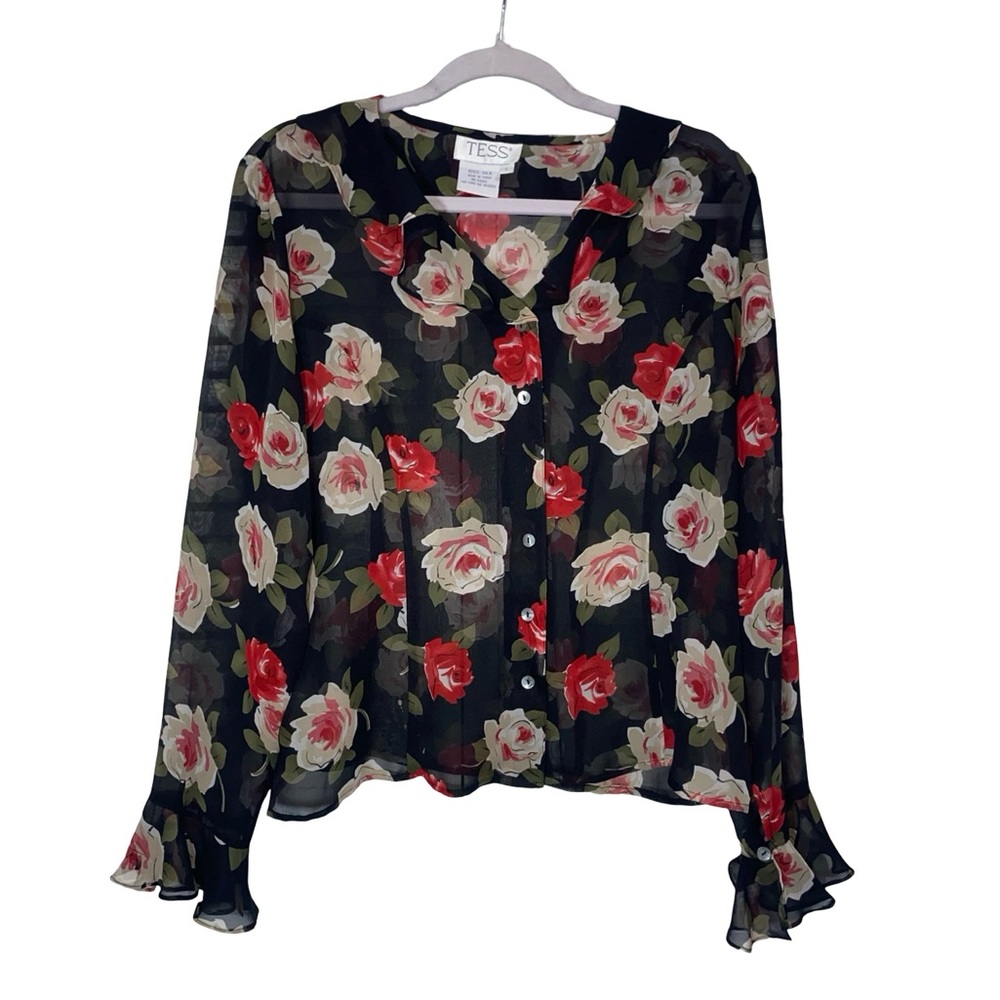 Vintage Tess 100% Silk Sheer Dark Floral Rose Blouse, Ruffle Cuffs, Size L